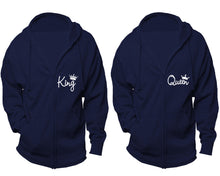 Charger l&#39;image dans la galerie, King and Queen zipper hoodies, Matching couple hoodies, Navy Blue zip up hoodie for man, Navy Blue zip up hoodie womens

