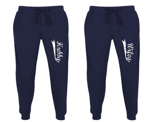 Hubby and Wifey matching jogger pants, Navy Blue sweatpants for mens, jogger set womens. Matching couple joggers.