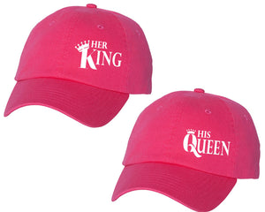 Her King and His Queen matching caps for couples, Neon Pink baseball caps.