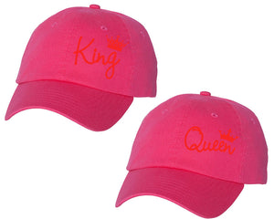 King and Queen matching caps for couples, Neon Pink baseball caps.Red color Vinyl Design