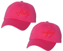Görseli Galeri görüntüleyiciye yükleyin, Hubby and Wifey matching caps for couples, Neon Pink baseball caps.Red color Vinyl Design
