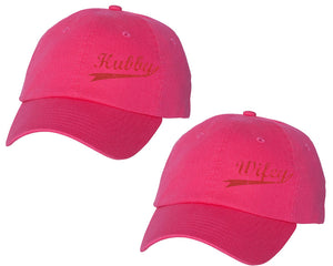 Hubby and Wifey matching caps for couples, Neon Pink baseball caps.Red Glitter color Vinyl Design