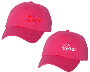 Her Joker and His Harley matching caps for couples, Neon Pink baseball caps.