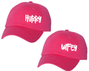 Hubby and Wifey matching caps for couples, Neon Pink baseball caps.