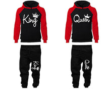 Load image into Gallery viewer, King Queen matching top and bottom set, Red Black raglan hoodie and sweatpants sets for mens, raglan hoodie and jogger set womens. Matching couple joggers.

