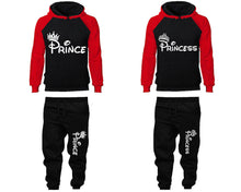Load image into Gallery viewer, Prince Princess matching top and bottom set, Red Black raglan hoodie and sweatpants sets for mens, raglan hoodie and jogger set womens. Matching couple joggers.
