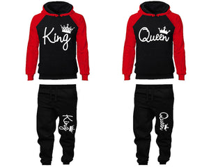 King Queen matching top and bottom set, Red Black raglan hoodie and sweatpants sets for mens, raglan hoodie and jogger set womens. Matching couple joggers.