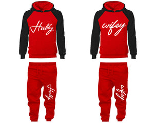 Hubby Wifey matching top and bottom set, Black Red raglan hoodie and sweatpants sets for mens, raglan hoodie and jogger set womens. Matching couple joggers.