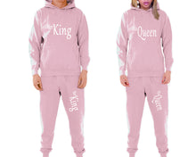 Load image into Gallery viewer, Her King and His Queen matching top and bottom set, Pink pullover hoodie and sweatpants sets for mens, pullover hoodie and jogger set womens. Matching couple joggers.
