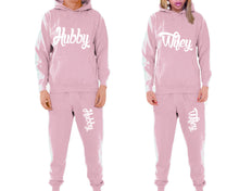 將圖片載入圖庫檢視器 Hubby and Wifey matching top and bottom set, Pink pullover hoodie and sweatpants sets for mens, pullover hoodie and jogger set womens. Matching couple joggers.
