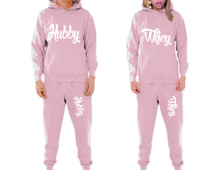 Hubby and Wifey matching top and bottom set, Pink pullover hoodie and sweatpants sets for mens, pullover hoodie and jogger set womens. Matching couple joggers.