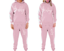 Load image into Gallery viewer, Hubby and Wifey matching top and bottom set, Pink pullover hoodie and sweatpants sets for mens, pullover hoodie and jogger set womens. Matching couple joggers.
