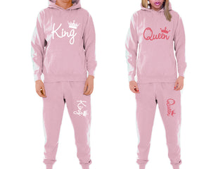 King and Queen matching top and bottom set, Pink pullover hoodie and sweatpants sets for mens, pullover hoodie and jogger set womens. Matching couple joggers.