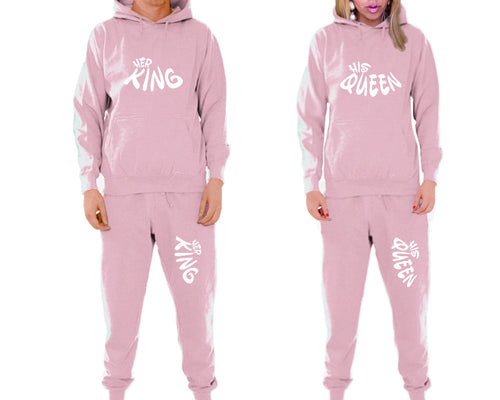 Her King and His Queen matching top and bottom set, Pink pullover hoodie and sweatpants sets for mens, pullover hoodie and jogger set womens. Matching couple joggers.