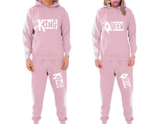 Load image into Gallery viewer, King and Queen matching top and bottom set, Pink pullover hoodie and sweatpants sets for mens, pullover hoodie and jogger set womens. Matching couple joggers.
