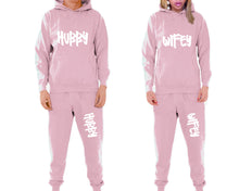 Load image into Gallery viewer, Hubby and Wifey matching top and bottom set, Pink pullover hoodie and sweatpants sets for mens, pullover hoodie and jogger set womens. Matching couple joggers.
