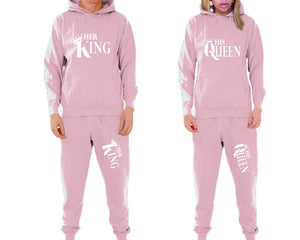 Her King and His Queen matching top and bottom set, Pink pullover hoodie and sweatpants sets for mens, pullover hoodie and jogger set womens. Matching couple joggers.
