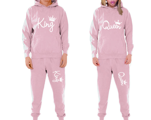 King and Queen matching top and bottom set, Pink pullover hoodie and sweatpants sets for mens, pullover hoodie and jogger set womens. Matching couple joggers.