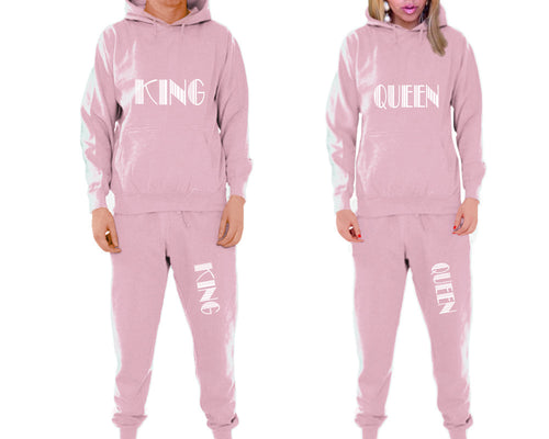 King and Queen matching top and bottom set, Pink pullover hoodie and sweatpants sets for mens, pullover hoodie and jogger set womens. Matching couple joggers.