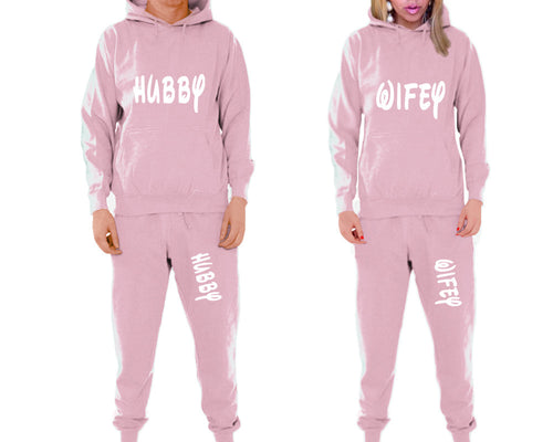 Hubby and Wifey matching top and bottom set, Pink pullover hoodie and sweatpants sets for mens, pullover hoodie and jogger set womens. Matching couple joggers.