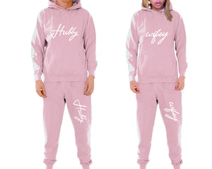 Hubby and Wifey matching top and bottom set, Pink pullover hoodie and sweatpants sets for mens, pullover hoodie and jogger set womens. Matching couple joggers.