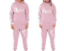 Load image into Gallery viewer, King and Queen matching top and bottom set, Pink pullover hoodie and sweatpants sets for mens, pullover hoodie and jogger set womens. Matching couple joggers.
