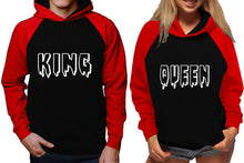 Load image into Gallery viewer, King and Queen raglan hoodies, Matching couple hoodies, Red Black King Queen design on man and woman hoodies
