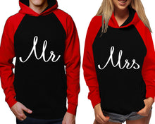 Load image into Gallery viewer, Mr and Mrs raglan hoodies, Matching couple hoodies, Red Black his and hers man and woman contrast raglan hoodies
