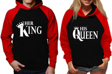 將圖片載入圖庫檢視器 Her King and His Queen raglan hoodies, Matching couple hoodies, Red Black King Queen design on man and woman hoodies

