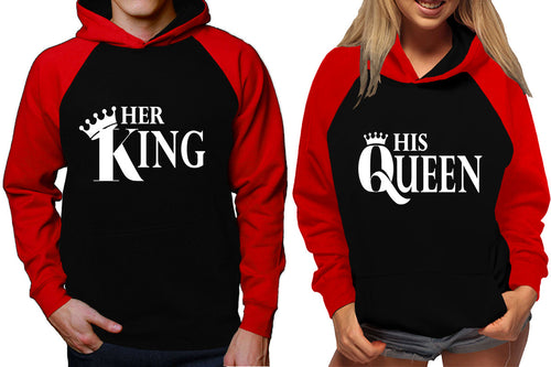 Her King and His Queen raglan hoodies, Matching couple hoodies, Red Black King Queen design on man and woman hoodies