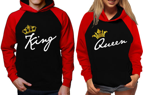 King and Queen raglan hoodies, Matching couple hoodies, Red Black King Queen design on man and woman hoodies