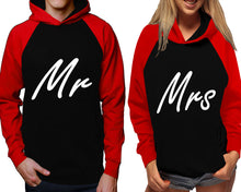 Cargar imagen en el visor de la galería, Mr and Mrs raglan hoodies, Matching couple hoodies, Red Black his and hers man and woman contrast raglan hoodies
