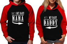 將圖片載入圖庫檢視器 She&#39;s My Baby Mama and He&#39;s My Baby Daddy raglan hoodies, Matching couple hoodies, Red Black his and hers man and woman contrast raglan hoodies
