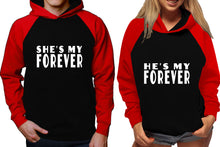 Görseli Galeri görüntüleyiciye yükleyin, She&#39;s My Forever and He&#39;s My Forever raglan hoodies, Matching couple hoodies, Red Black his and hers man and woman contrast raglan hoodies
