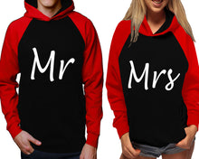 Load image into Gallery viewer, Mr and Mrs raglan hoodies, Matching couple hoodies, Red Black his and hers man and woman contrast raglan hoodies
