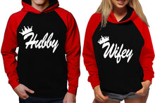 Cargar imagen en el visor de la galería, Hubby and Wifey raglan hoodies, Matching couple hoodies, Red Black King Queen design on man and woman hoodies
