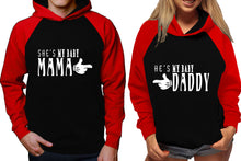 Load image into Gallery viewer, She&#39;s My Baby Mama and He&#39;s My Baby Daddy raglan hoodies, Matching couple hoodies, Red Black his and hers man and woman contrast raglan hoodies
