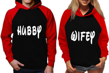 Load image into Gallery viewer, Hubby and Wifey raglan hoodies, Matching couple hoodies, Red Black King Queen design on man and woman hoodies
