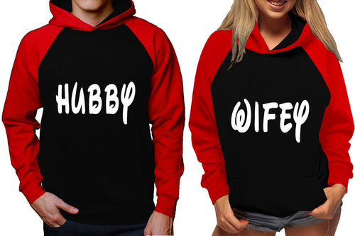 Hubby and Wifey raglan hoodies, Matching couple hoodies, Red Black King Queen design on man and woman hoodies