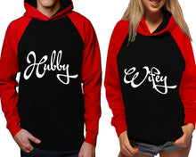 Cargar imagen en el visor de la galería, Hubby and Wifey raglan hoodies, Matching couple hoodies, Red Black his and hers man and woman contrast raglan hoodies
