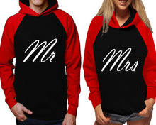 Cargar imagen en el visor de la galería, Mr and Mrs raglan hoodies, Matching couple hoodies, Red Black his and hers man and woman contrast raglan hoodies
