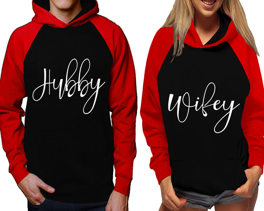 Hubby and Wifey raglan hoodies, Matching couple hoodies, Red Black his and hers man and woman contrast raglan hoodies