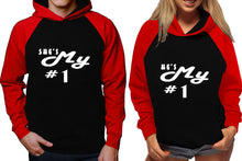 Load image into Gallery viewer, She&#39;s My Number 1 and He&#39;s My Number 1 raglan hoodies, Matching couple hoodies, Red Black his and hers man and woman contrast raglan hoodies
