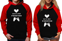 Görseli Galeri görüntüleyiciye yükleyin, She&#39;s My Forever and He&#39;s My Forever raglan hoodies, Matching couple hoodies, Red Black his and hers man and woman contrast raglan hoodies

