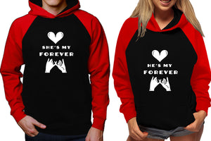 She's My Forever and He's My Forever raglan hoodies, Matching couple hoodies, Red Black his and hers man and woman contrast raglan hoodies