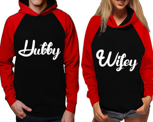 Hubby and Wifey raglan hoodies, Matching couple hoodies, Red Black his and hers man and woman contrast raglan hoodies