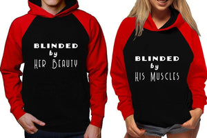 Blinded by Her Beauty and Blinded by His Muscles raglan hoodies, Matching couple hoodies, Red Black his and hers man and woman contrast raglan hoodies