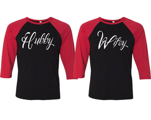 Hubby and Wifey matching couple baseball shirts.Couple shirts, Red Black 3/4 sleeve baseball t shirts. Couple matching shirts.
