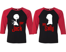 Load image into Gallery viewer, Her Jack and His Sally matching couple baseball shirts.Couple shirts, Red Black 3/4 sleeve baseball t shirts. Couple matching shirts.
