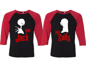 Her Jack and His Sally matching couple baseball shirts.Couple shirts, Red Black 3/4 sleeve baseball t shirts. Couple matching shirts.